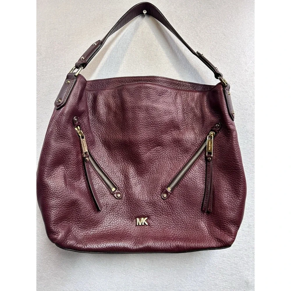 Michael Kors Burgundy Pebbled Shoulder Bag Gold Hardware Zip Inner Pockets